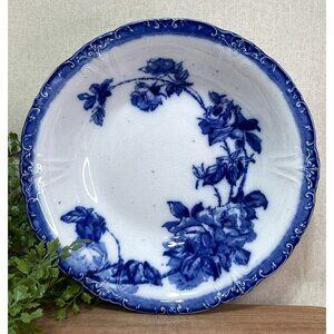 ANTIQUE 1800S FLORAL ROSES FLOW BLUE Bowl JACQUEMINOT PATTERN ENGLAND 9 Inch